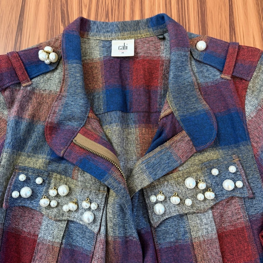 Cabi Collage Plaid Pearl Embellished Zip Jacket‎ 3555 M Jewel Tone Whimsygoth